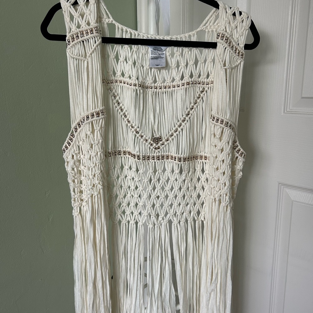 Bebe White Crochet Fringe Top
